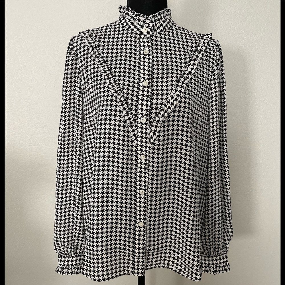 NWT Ann Taylor Houndstooth Ruffle Yoke Blouse
